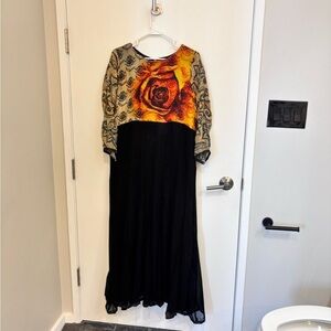 Black and Orange A-line Dress with 3/4 Bishop Sleeves for Wedding Guest